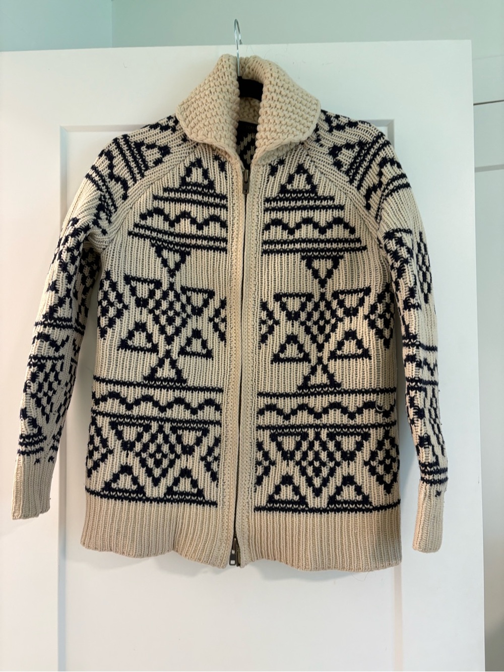 J. Crew Cream and Black Zip-Front Patterned Wool Sweater